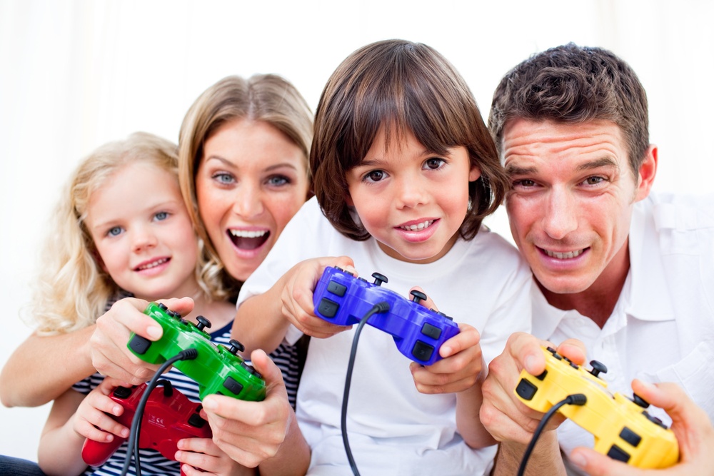 Animated family playing video game against a white background